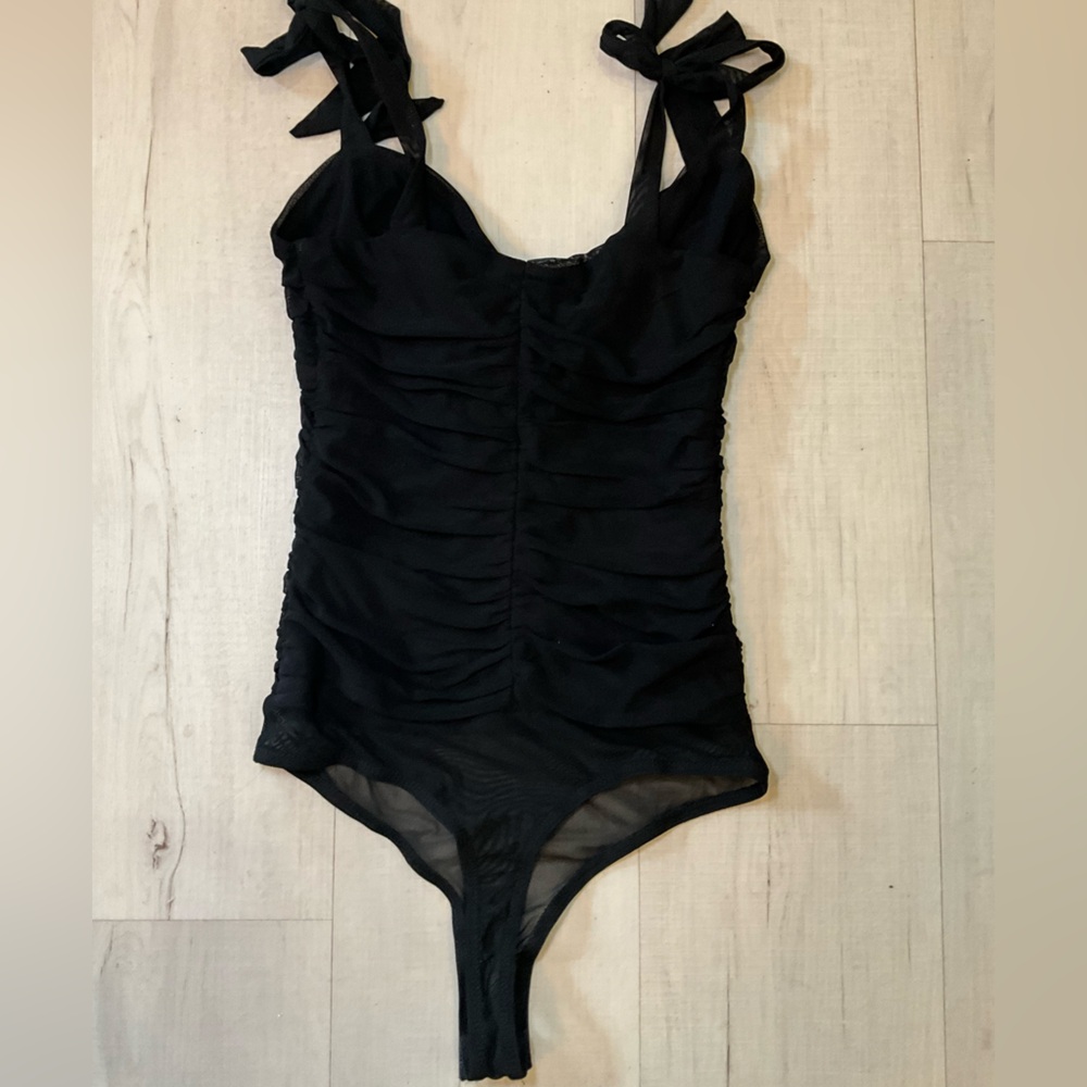 Lulu's Black Eye On Me Mesh Tie-Front Ruched Bodysuit - Picture 7 of 8